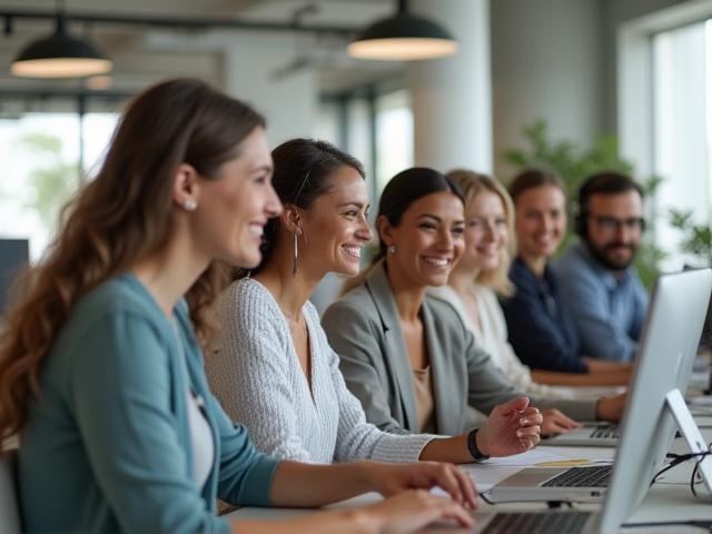 A group of diverse professionals from the TransitSolutions Deutschland GmbH support team smiling and collaborating in a bright, modern office environment.