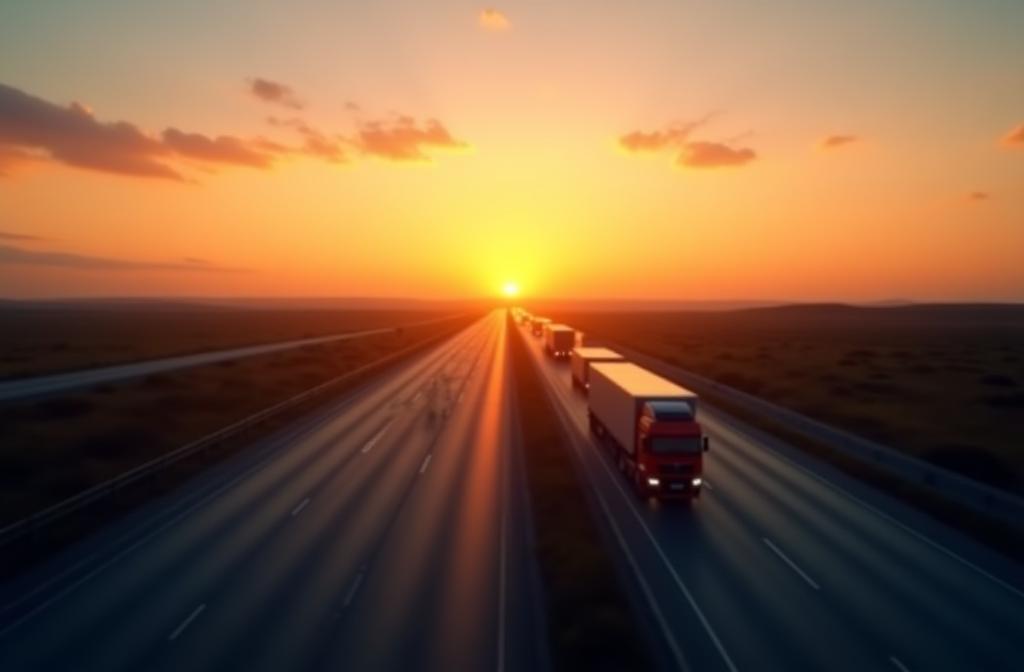 Heavy goods vehicles travelling on a multi-lane highway at sunset, symbolizing logistics and journey support offered by TransitSolutions Deutschland GmbH.